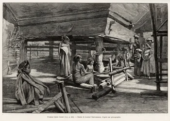 Batak-kvinner, Nord-Sumatra etnisk gruppe, veving. Gravering av Laurent Desrousseaux for å illustrere historien "" ett år i Malaysia", av Jules Claine (1856-1939), i 1889-1890, i Le tour du Monde 1892, regissert av Edouard Charton (1807-1891), Hachette, Pa