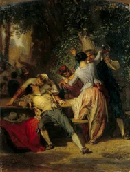 Kabaretscene Par som danser og kysser. Maleri av Henri Baron (1816-1885) 1800-tallet søn. 0,35x0,27 m
