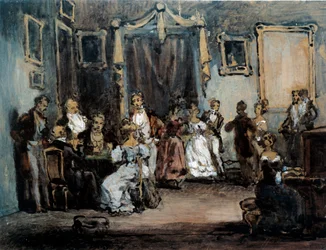 En kveld på Madame X sosialt møte i salongen til en parisisk kvinne. Akvarell av Henry Monnier (1805-1877) 1800-tallet