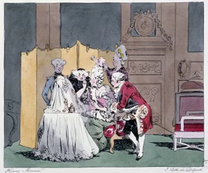 Toalettet (frisørscene) på 1700-tallet - i "" Tidligere og i dag"" av Henri Monnier, red. Delpech, Paris