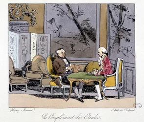 Komplementet til studiene: to menn som diskuterer i en stue - i "" Tidligere og i dag"" av Henri Monnier, red. Delpech