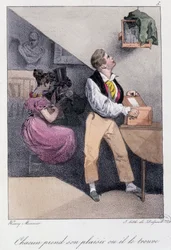 Mann som avler fugler mens kona utroer ham: "" Alle tar gleden hans eller han finner ham"" - i "" Les pastemps"" av Henry Monnier, red. Delpech, Paris, v.1830