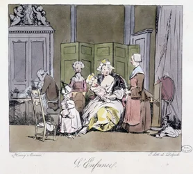 Våt sykepleier, tjenere, baby og barn i aristokratiet på 1700-tallet - i "" Tidligere og i dag" av Henri Monnier, red. Delpech, Paris