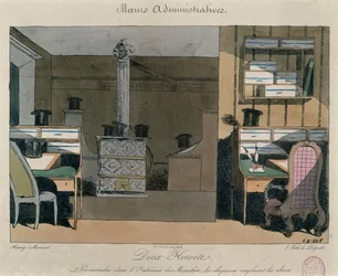 Scene på et parisisk kontor under lunsjpausen, ca. 1830 (fargegravering)
