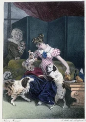 Ung jente med hunder: "" Alle tar gleden der han finner ham"" - i "" Les pastemps"" av Henri Monnier, red. Delpech, Paris
