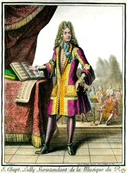 Portrett til fots av Jean Baptiste Lully (Giovanni Battista Lulli) (1632-1687) Superintendent of the Music of the King Gravering av Henri Bonnart (1642-1711)