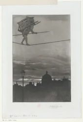 Strikkrullator med pakke på ryggen over en by Tittelside for: Henri Béraldi, Les Graveurs du XIXe siècle (...), 1888