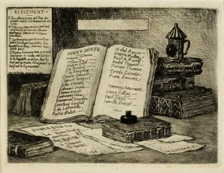 Bouquins et lanterne (Bøker og lykt), 1880 (etsing, tørrnål)