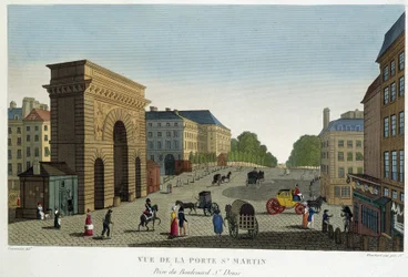 Utsikt over Porte St Martin - i "" Views of Paris"" av Courvoisier