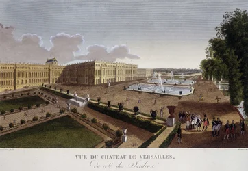 Chateau de Versailles på siden av hagene - i "" Views of Paris"" av Courvoisier