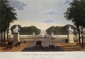 Inngangen til Tuileries-hagen med utsikt over Champs-Elysées, ca. 1820 - i "" Vues de Paris"" av Courvoisier