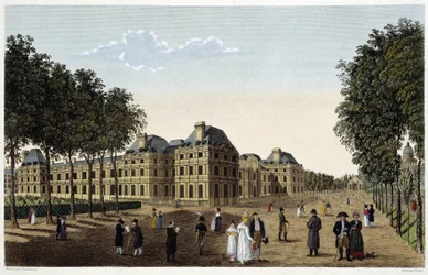 Garden og Palais du Luxembourg sett fra terrassen til det lille Luxembourg. Gravering av Courvoisier