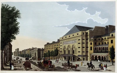 Porte Saint Martin teater. Gravering av Courvoisier