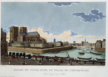 Kirken Notre-Dame og palasset til Archevéché - i "" Views of Paris"" av Courvoisier