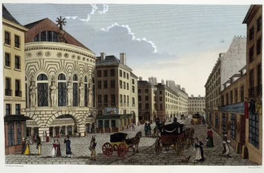 Theatre of the Opera Comique, rundt 1820 i ""Views of Paris"" av Courvoisier 1827