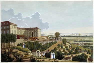 Utsikt over Golgata, under festene til Ste Croix, i Suresnes - i "" Vues de Paris" av Courvoisier