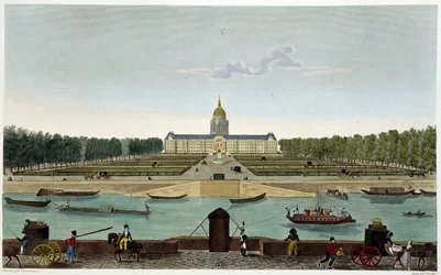 Utsikt over Champ de Mars og Hôtel des Invalides tatt på den andre siden av Seinen (Cours la Reine) - i "" Vues de Paris"" av Courvoisier