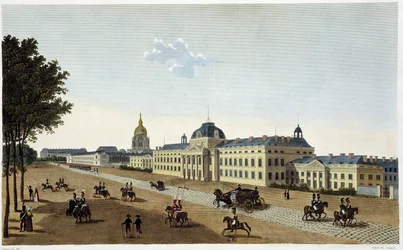 Utsikt over Militærskolen på Champs de Mars-siden, ca 1820 - i "" Vues de Paris" av Courvoisier
