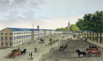 Utsikt over det nye galleriet til naturhistorisk museum ved Jardin des Plantes i Paris, gravert av Claude Fortier (1775-1835) (fargegravering)