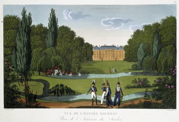 Utsikt over Palais de l'Elysee-Bourbon (Elysee Bourbon) og hagene. Gravering av Courvoisier fra 1815-1820 i "" Vues de Paris"