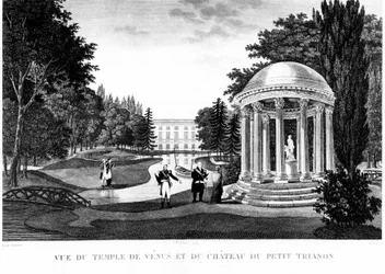 Utsikt over Venus-tempelet og slottet til Peer Trianon i Versailles - tegning av Courvoisier