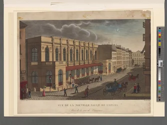 Utsikt over den nye operahallen tatt fra rue de Provence, gravert av Rousseau, ca. 1821