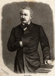 Portrett av Ferdinand de Lesseps (1805-1894) diplomat og gründer, pådriver for de to ambisiøse prosjektene: Canals of Suez og Panama, tegning av Henri Rousseau, for å illustrere en ekskursjon til Suez-kanalen i 1862 av Paul Merruau. Gravering i ""
