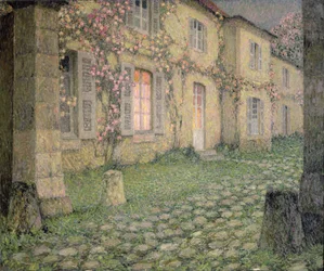 Hus med roser i skumringen, ca. 1928
