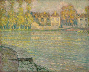 Hus ved elven ved solnedgang, Moret; Hus ved elven ved solnedgang, Moret