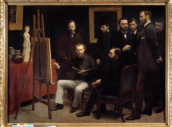 Et verksted på Batignolles. Blant karakterene til stede: Otto Scholderer, Edouard Manet (1832-1883) som sitter i sentrum, Pierre Auguste Renoir (1841-1919), Zacharie Astru (1835-1907), Emile Zola (1840-1902), Edmond Maitre (1840- 1888), Frederic Bazill