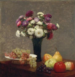 Asters og frukt på et bord, 1868.