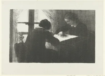 To kvinner broderer ved et bord ved et vindu i interiøret Intérieur de brodeuses L'Epreuve (serietittel)