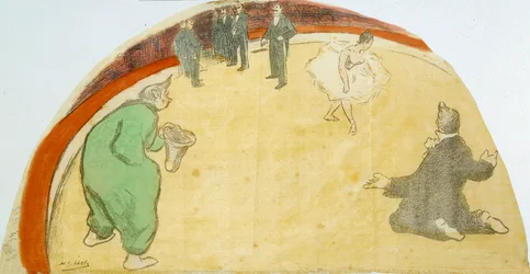 Sirkusshow med danser, klovner. Pastelltegning av Henri Gabriel Ibels (1867-1936) 1900-tallets privatsamling