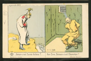 Postkort, satirisk i farger: I morgen er Saint Helene? Nei, sir. I morgen er det Charenton - War of 14 -18, Folie - William II Illustrasjon av HG Ibels (1867-1936)