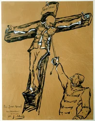 Satire over Dreyfus-saken: "" Kaptein Dreyfus og general Mercier (1833-1921): krigsministeren som dømte Dreyfus, i stedet for den romerske soldaten, strekker ut en svamp til kaptein Dreyfus korsfester slik at han tørker ansiktet sitt" Kinesisk blekk og gou