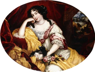 Portrett av en dame, sittende i trekvart lengde, med hunden hennes foran et åpent vindu, et italiensk landskap utenfor,