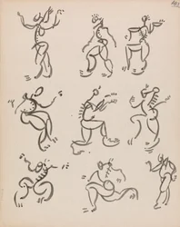 Ni dansende figurer, i tre registre