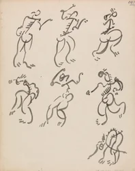 Syv dansende figurer, i tre registre
