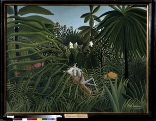 Hest angrepet av en jaguar. Maleri av Henri Rousseau kalt Douanier Rousseau (1844-1910)