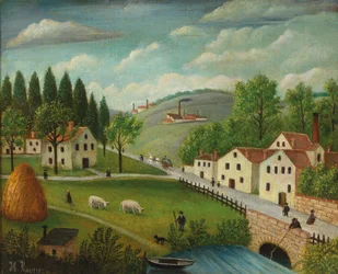 Pastoralt landskap med bekk, fisker og barnevogner, ca. 1875-80 (olje på lerret)