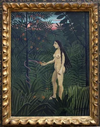 Eva i jordisk paradis. Maleri av Henri Rousseau dit le Douanier Rousseau (1844-1910), olje på lerret, ca. 1906-1907. Fransk kunst, 1900-tallet, naif kunst. Kunsthalle, Hamburg, Tyskland.