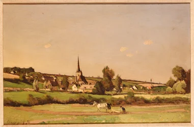 Et omfattende landskap med en plogmann og en landsby utenfor
