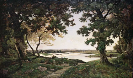 Skoglandskap med en sandete elv, 1882