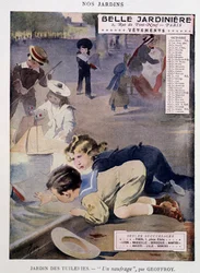 Barn som leker båter i Tuileries Garden av Jean Geoffroy (1853-1924), kalender "" Belle Jardiniere"", serie "" Nos Jardins"", oktober, n.d. v.1900.