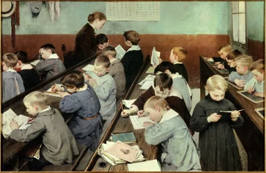 I klassen, arbeidet til de minste. Unge gutter i skolebluse studerer i et klasserom, noen leser, andre skriver på notatboken eller på tavler. Maleri av Jean Henri Jules Dit Geo Geoffroy (1853-1924)