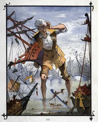 Lemuel Gulliver i sentrum av et sjøslag mellom skipene Lilliput og Blefuscu. Illustrasjon for "" Gulliver