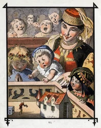 Lemuel Gulliver i gigantenes land i Brobdingnag er en kuriositet for barn. Illustrasjon for "" Gulliver