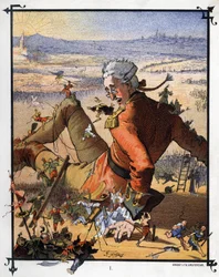 Lemuel Gulliver blir bundet av lilliputterne. Illustrasjon til «Gullivers reiser» av Jonathan Swift (1667-1745)
