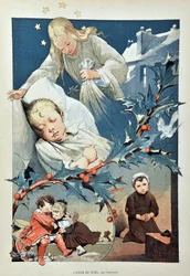 The angel of Christmas. Illustration by Jean GEOFFROY (1853-1924) Engraving of 1887 in “” Paris-Illustrous journal weekly””.
