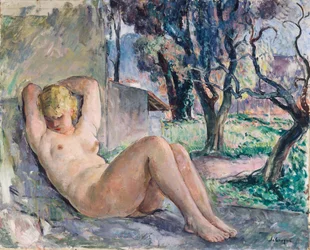 Naken liggende i en hage, ca. 1934